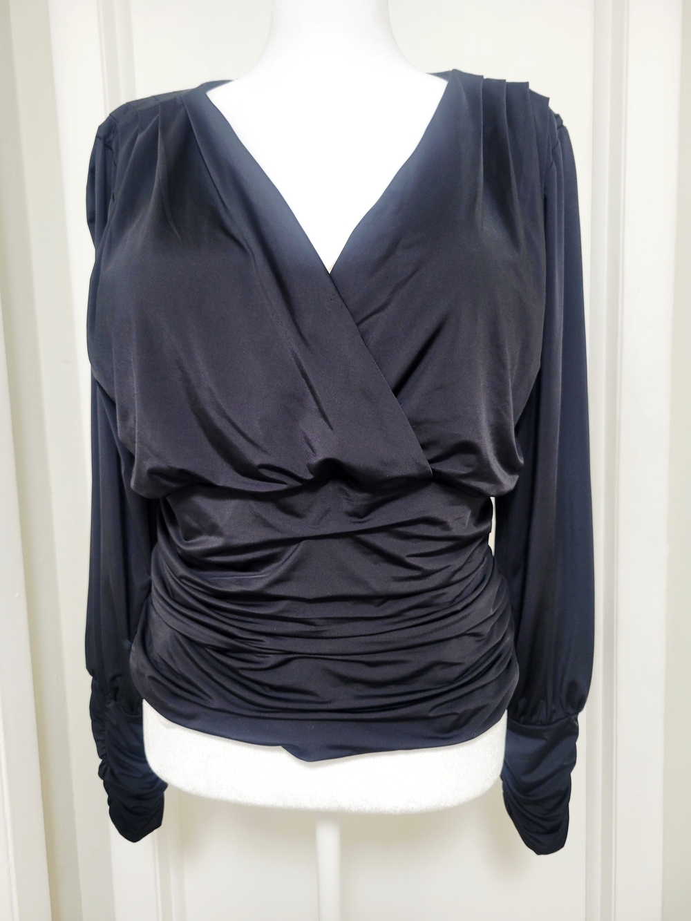 Express Black Ruched Surplice Long-Sleeve Blouse